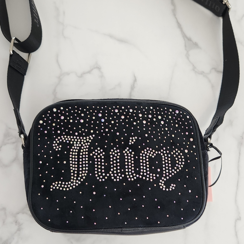 Juicy Couture Black "Let It Shine" Velvet Rhinestone Encrusted Crossbody Bag - Picture 1 of 17